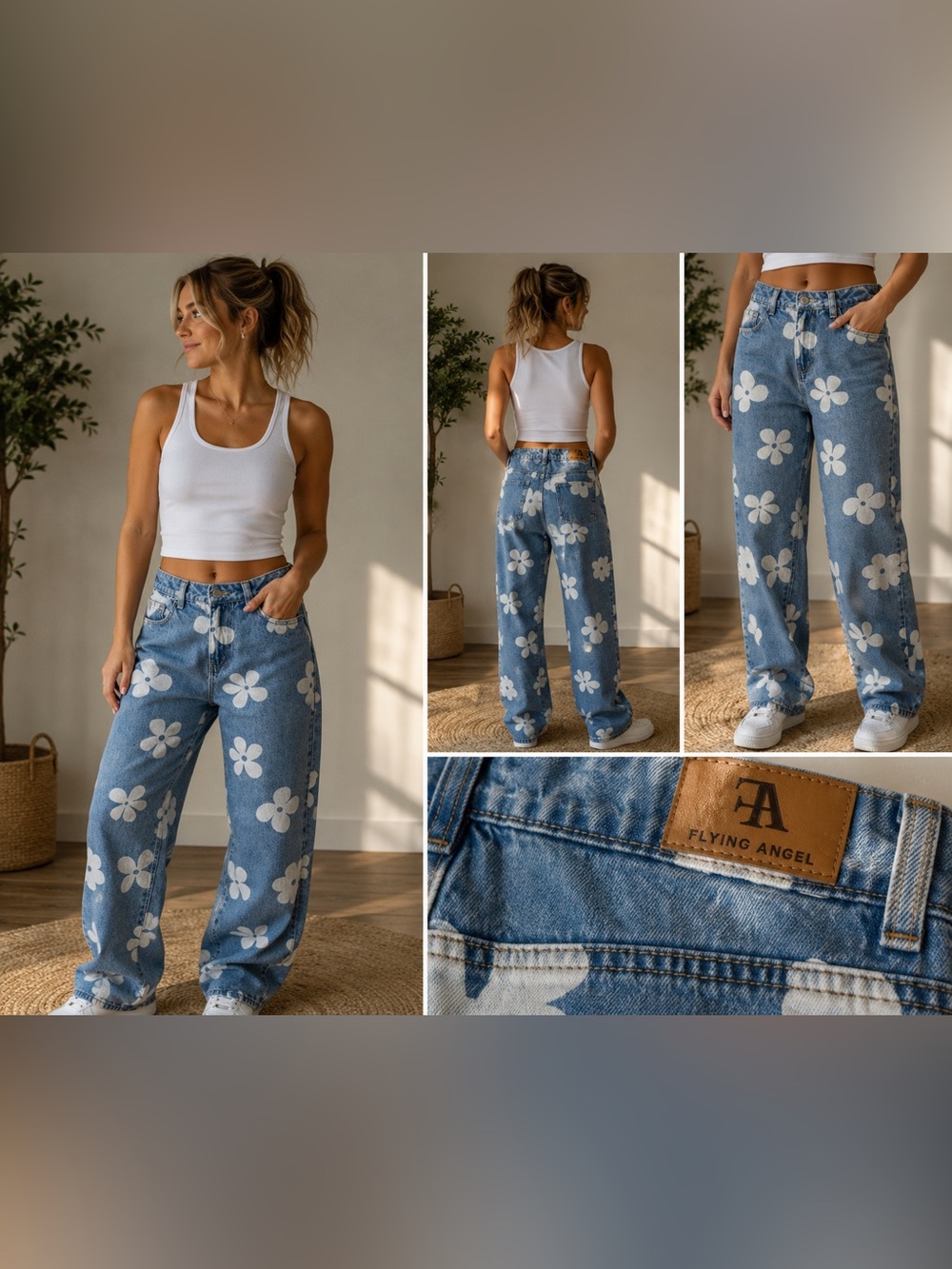 Flying Angel Floral Wide Leg Jeans 5/27 Y2K Daisy Flower Print Cottagecore Denim